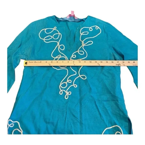 Lilly Pulitzer Turquoise Blue Linen Tunic Top With Applique Embroidery - Picture 11 of 12